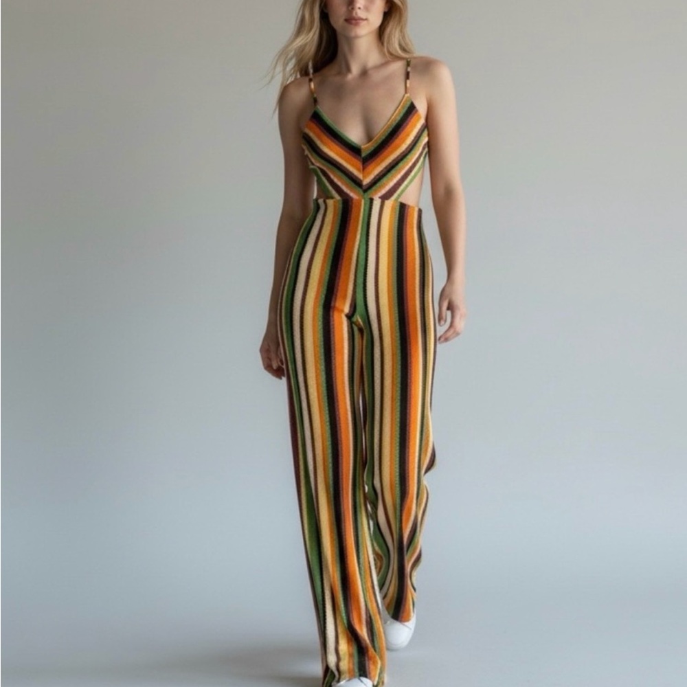 privy Striped Spaghetti-Strap Jumpsuit in Green, Orange, Cream & Brown